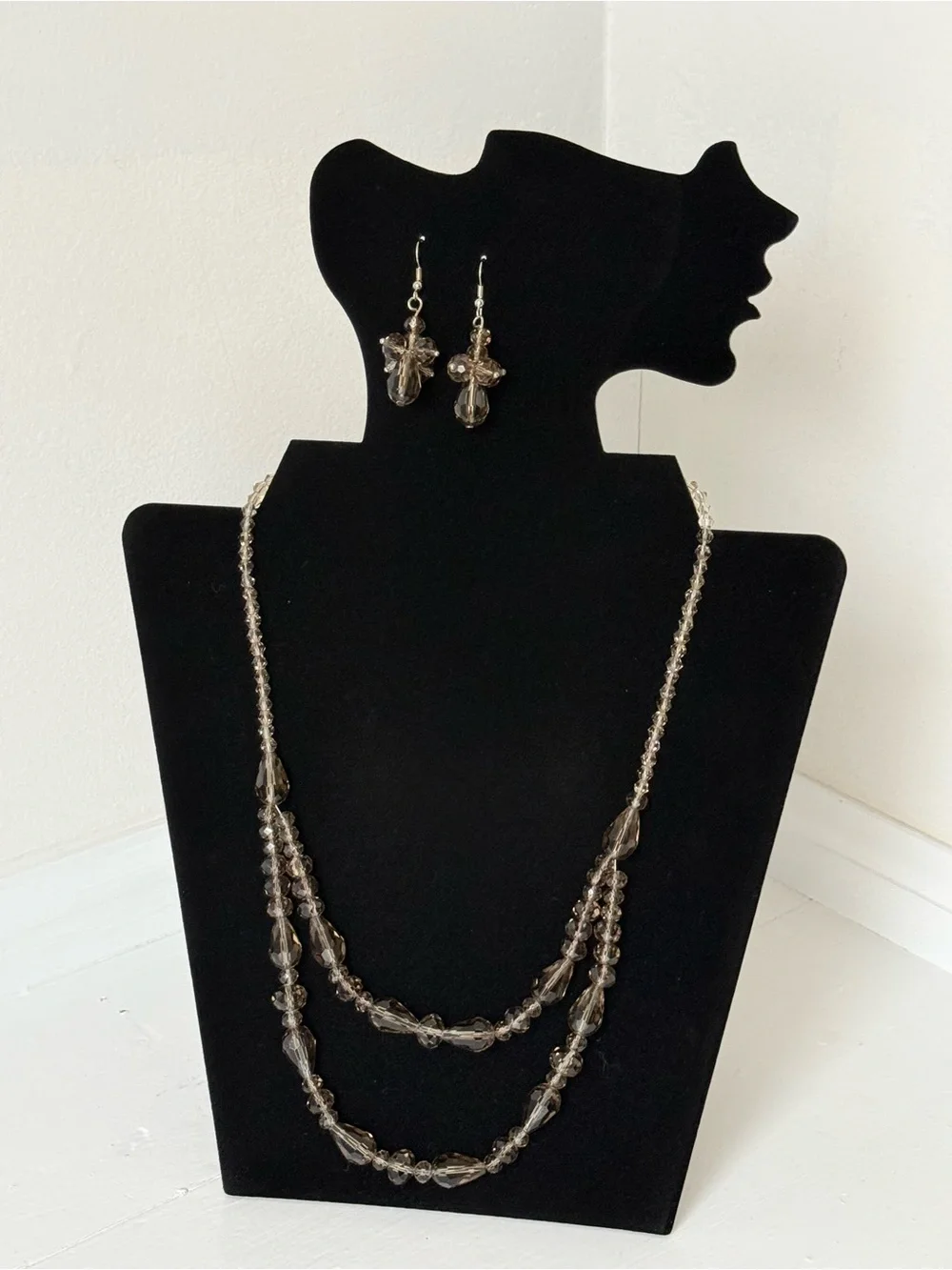 Smoky Bead Layered Necklace & Earrings Set - Unbranded